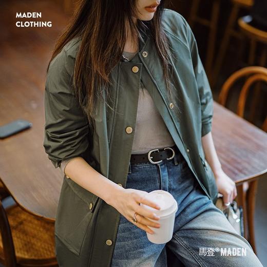 马登复古橄榄绿风衣中长款巴恩风大衣宽松翻盖口袋工装外套秋季女 商品图0