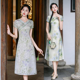 GX现代时尚改良新中式长款低领旗袍女装 2025初秋款日常可穿V领旗袍