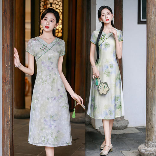 GX现代时尚改良新中式长款低领旗袍女装 2025初秋款日常可穿V领旗袍 商品图0