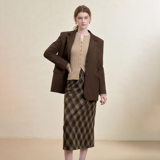 西遇复古棱格毛呢半身裙女秋季新款学院风高腰显瘦直筒中长裙V3355237/V3355195/V3355238 商品图3