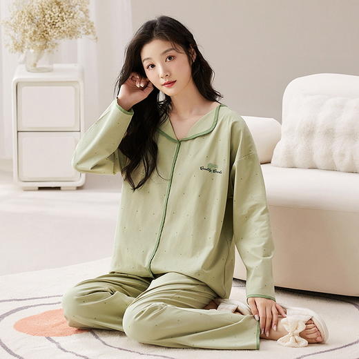 春秋季女士开衫睡衣带胸垫小翻领长袖长裤家居服套装卡通免穿文胸学生家居服 商品图4