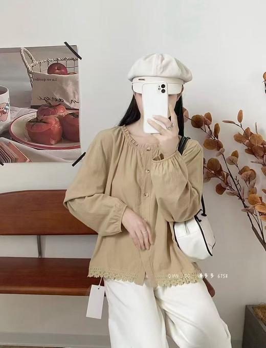 【秋上新】水洗棉675下摆流苏蕾丝边长袖小衫上衣-喜出 商品图3