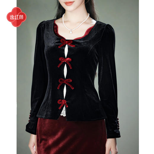 逸红颜颜予2025秋冬新款弹力丝绒花瓣领蝴蝶结修身复古上衣套装女 商品图1