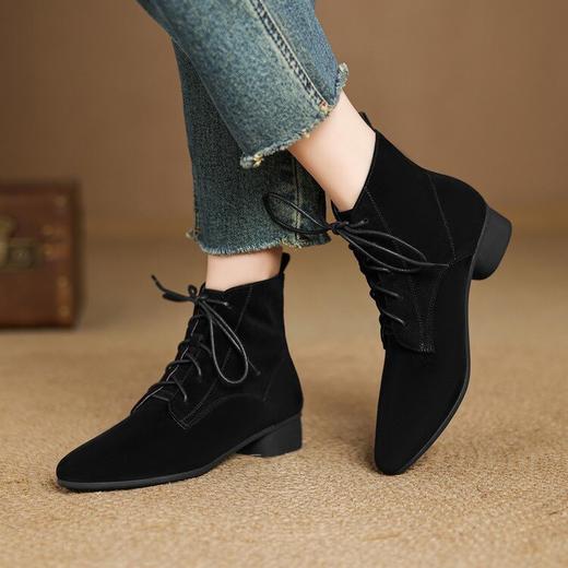【预售5天】法式复古小踝靴系带秋冬新款磨砂皮短靴女翻毛皮马丁靴粗跟瘦瘦靴SP&X1528 商品图4