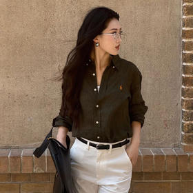 橄榄绿小马刺绣棉麻衬衫 | 春夏秋三季都实穿的时髦单品，小马精致刺绣logo【3-5天发货，周末顺延】