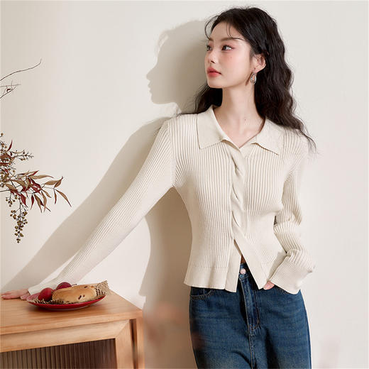 经典百搭基础款翻领长袖毛衣女设计感不规则软糯上衣V3642530 商品图3