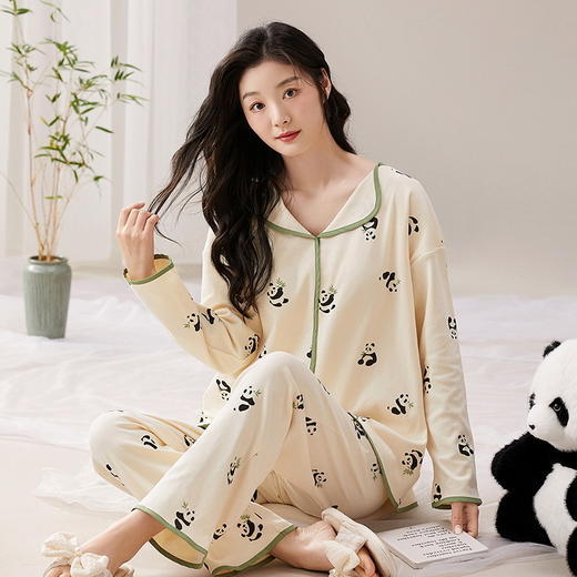 春秋季女士开衫睡衣带胸垫小翻领长袖长裤家居服套装卡通免穿文胸学生家居服 商品图6