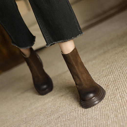 阿么手工女鞋高跟绒面小个子增高短靴女秋冬6CM后拉链百搭瘦瘦靴 商品图4