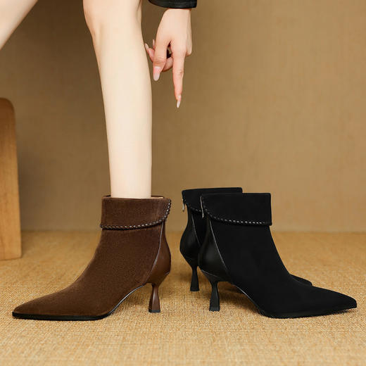 【预售5天】法式气质羊反绒面高跟短靴女秋冬新款单靴尖头女靴细跟小裸靴DB&M6599 商品图2