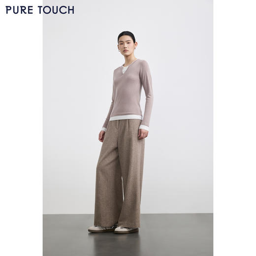 PURE TOUCH女装 25秋冬新款羊毛混纺针织衫v领拼接假两件套头毛衣 商品图1