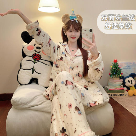 秋冬季【法兰绒睡衣女】小香风彩色波点长袖套装 加厚保暖家居服可外穿  商品图12