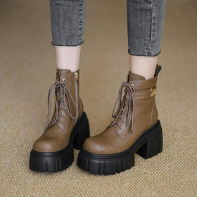 【预售5天】时尚圆头粗跟厚底短筒马丁靴女百搭纯色韩版风系带牛皮靴子ZMXY&ZM2542-1
