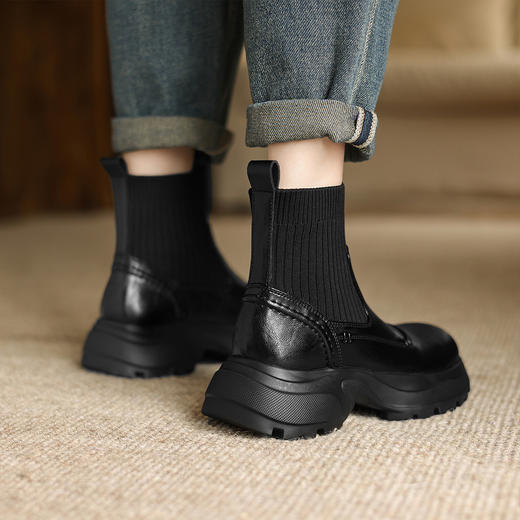 阿么手工女鞋秋冬复古一脚蹬短靴显瘦百搭真皮学院风袜靴厚底5CM 商品图2