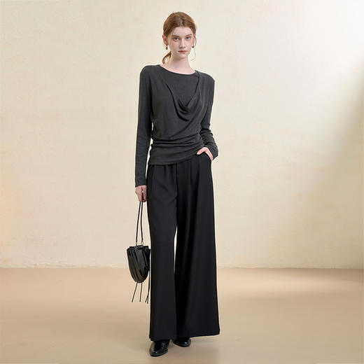 西遇假两件荡领长袖T恤女秋季设计感收腰显瘦内搭打底衫上衣V3455245 商品图1