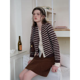 SimpleRetro羊毛V领撞色假两件条纹针织开衫