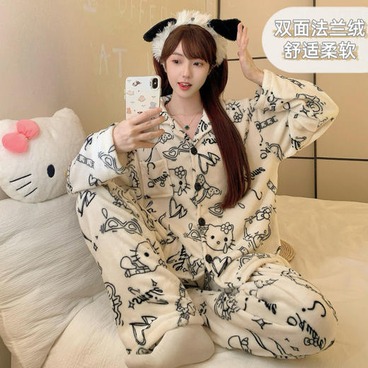 秋冬季【法兰绒睡衣女】小香风彩色波点长袖套装 加厚保暖家居服可外穿  商品图7