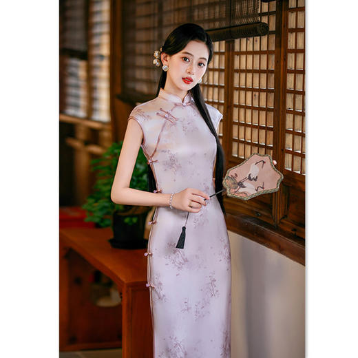 GX2025新品中式仿醋酸提花长款旗袍日常清新素雅修身少女初秋旗袍裙 商品图0