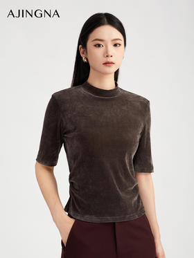 【商场同款】阿菁娜秋季新款进口醋酸立体植绒上衣打底衫半高领正肩短袖衫 抽褶收腰设计显瘦提气质A30Q102033