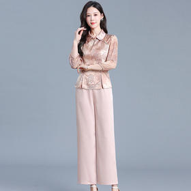 QYM 725031-Y两件套妈妈装印花复古国风上衣+直筒阔腿裤