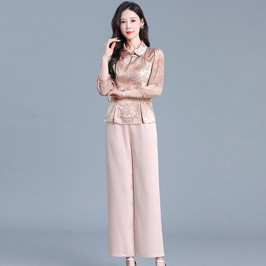 QYM 725031-Y两件套妈妈装印花复古国风上衣+直筒阔腿裤 商品图0