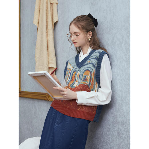 两三事梵高文艺月洇空庭2025冬季新款抽象图案毛织马甲女宽松马夹 商品图1