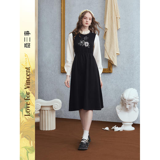 两三事梵高文艺 墨色花笺 2025秋季新款复古拼色假两件连衣裙 商品图0