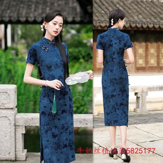 GX老上海复古国风大码旗袍2025秋新款牛奶丝植绒弹力旗袍 商品图1
