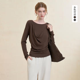 西遇假两件荡领长袖T恤女秋季设计感收腰显瘦内搭打底衫上衣V3455245