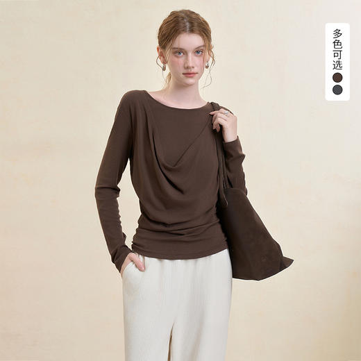 西遇假两件荡领长袖T恤女秋季设计感收腰显瘦内搭打底衫上衣V3455245 商品图0