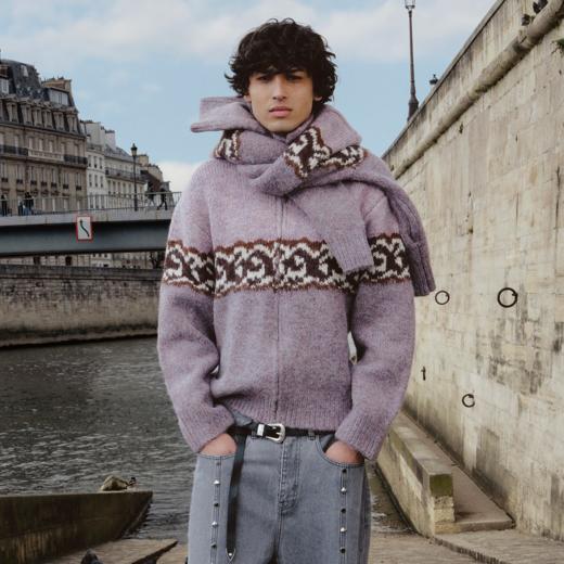 GOODBAI 916 logo提花撞色花纹翻领拉链毛织外套 商品图0