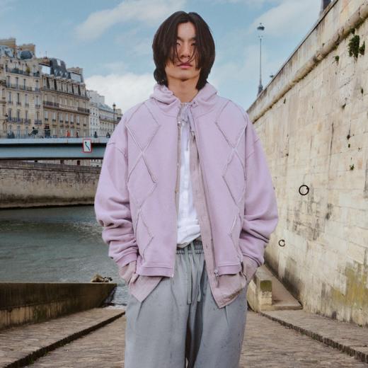 GOODBAI 916 菱形贴布连帽抽绳拉链宽松卫衣 商品图0