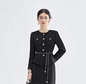 米思阳2026春季法式小香风黑色短外套女长袖显瘦高级感上衣高腰直筒半身裙女4476