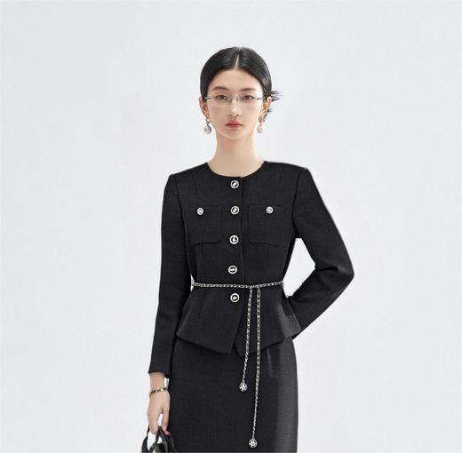 米思阳2026春季法式小香风黑色短外套女长袖显瘦高级感上衣高腰直筒半身裙女4476 商品图0