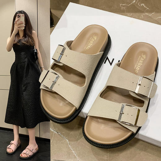 一脚蹬超方便！！【特妮娜 双扣治愈系勃肯拖】精选牛皮革 双扣设计 自由调节松紧 防水防汗 增高3.5cm 橡胶大底 防滑耐磨 商品图6