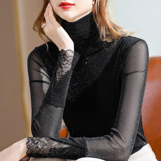 J1D1988网纱打底衫女2025新款秋冬高领洋气修身t恤拼接蕾丝亮丝收腰上衣 商品图3