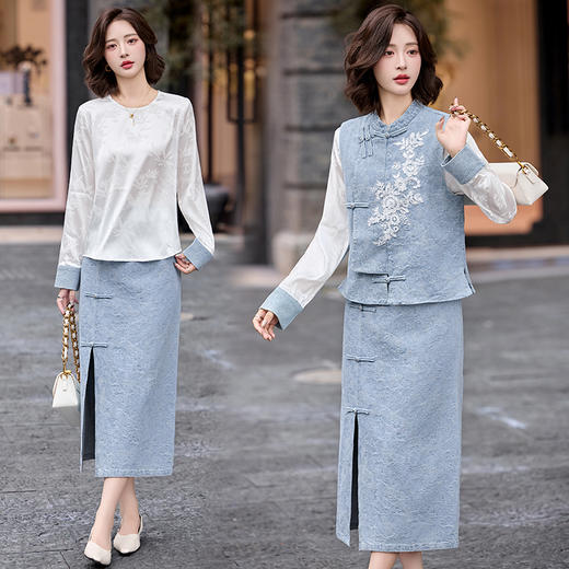 新中式刺绣马甲牛仔套装，复古盘扣半身裙三件套HR-JLAIYI7563 商品图1