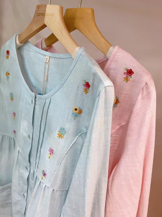 松植屋【静晓】女士圆领长袖长裤套装女款双层纱小花刺绣睡衣家居服 商品图4