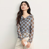 【10/1新品】熙世界网纱复古格纹T恤长袖女秋季小众设计捏褶收腰荡领打底上衣 商品缩略图3