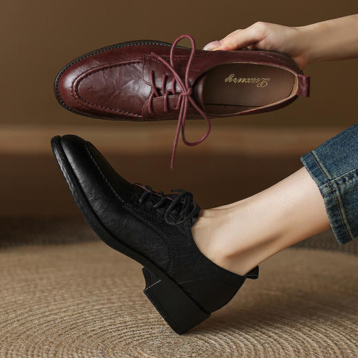 【预售5天】软面手抓羊皮英伦风小皮鞋女新款秋季系带通勤单鞋复古乐福鞋FK&X6165 商品图3