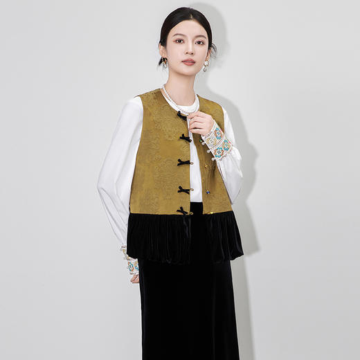 「高货wl」全新升级【铂金会员330/天猫439/差价109】(15459)洛诗琳新中式提花拼接丝绒马甲2025秋季衣显瘦国风上衣 商品图0