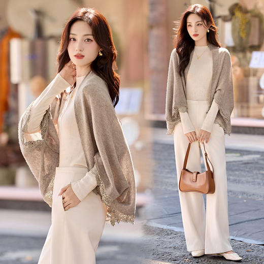 今年流行爆款披肩开衫2025秋季新款女装蕾丝拼接外搭羊毛斗篷外套 商品图0