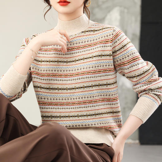 CC 25348复古条纹针织衫漂亮减龄上衣半高领宽松大码 商品图0