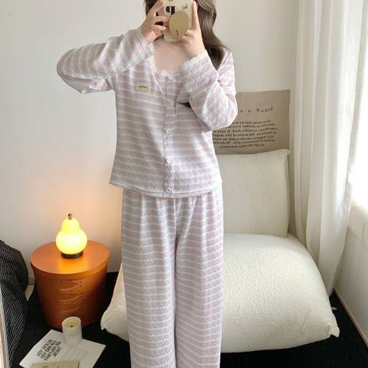 【色织条纹睡衣】2025新款简约休闲风女生春秋季长袖带胸垫家居服套装 商品图1