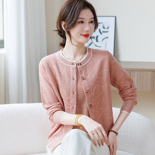 D5—2551秋装薄款开衫外套时尚短袖针织两件套中老年女春秋长袖上衣服 商品图2