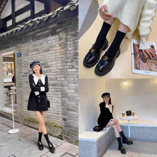 【凯旋门乐福鞋】2025全新厚底英伦风凯旋门小皮鞋女增高黑色一脚蹬圆头加绒单鞋 商品图3