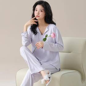 【轻梵 超柔云感免bra长袖家居服套装】带胸垫防凸点长袖家居服套装 宽松慵懒亲肤 无感bra  ZXT