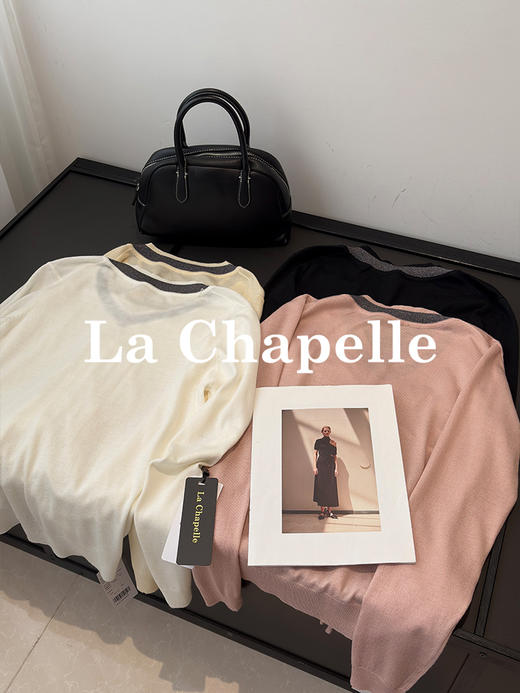 专柜实拍【绵羊毛/高质感】拉夏贝尔/La Chapelle设计感抽绳系带针织衫女秋季新款撞色V领长袖上衣 商品图4