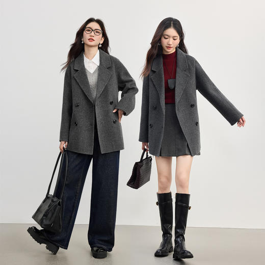 【10/1新品】熙世界100.绵羊毛西装式毛呢大衣女2025秋冬新款双排扣双面呢外套 商品图4