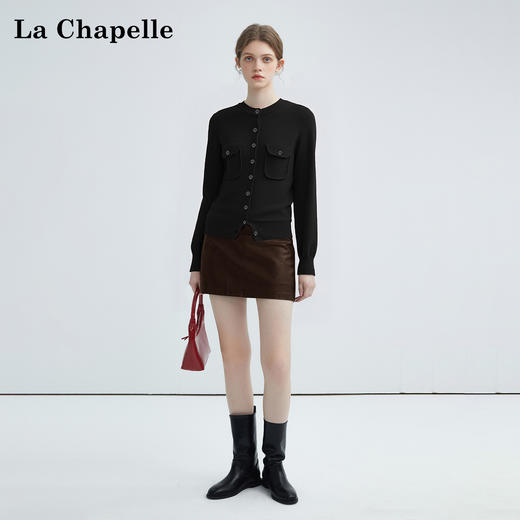 天猫同步【软糯绵羊毛】拉夏贝尔/La Chapelle高级简约双口袋纯色针织开衫女宽松圆领长袖毛衣 商品图1