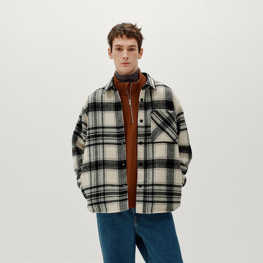 商场同款|森马毛呢外套男冬季格子衬衫2025新款复古港风韩版上衣 商品图1